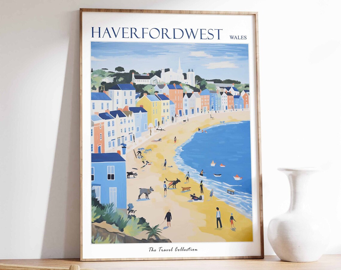 Haverfordwest Wales Colorful Harbor Town Sandy Beach Day Poster