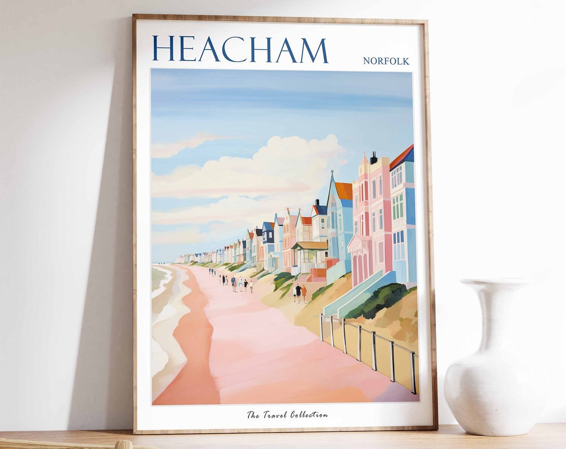Heacham Norfolk Sunny Pastel Seafront Houses Long Pink Beach Poster