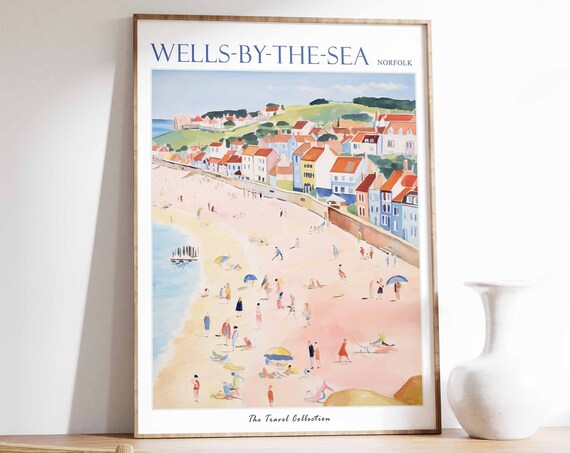 Wells-by-the-Sea Norfolk Beach Umbrellas Pastel Houses Travel Poster