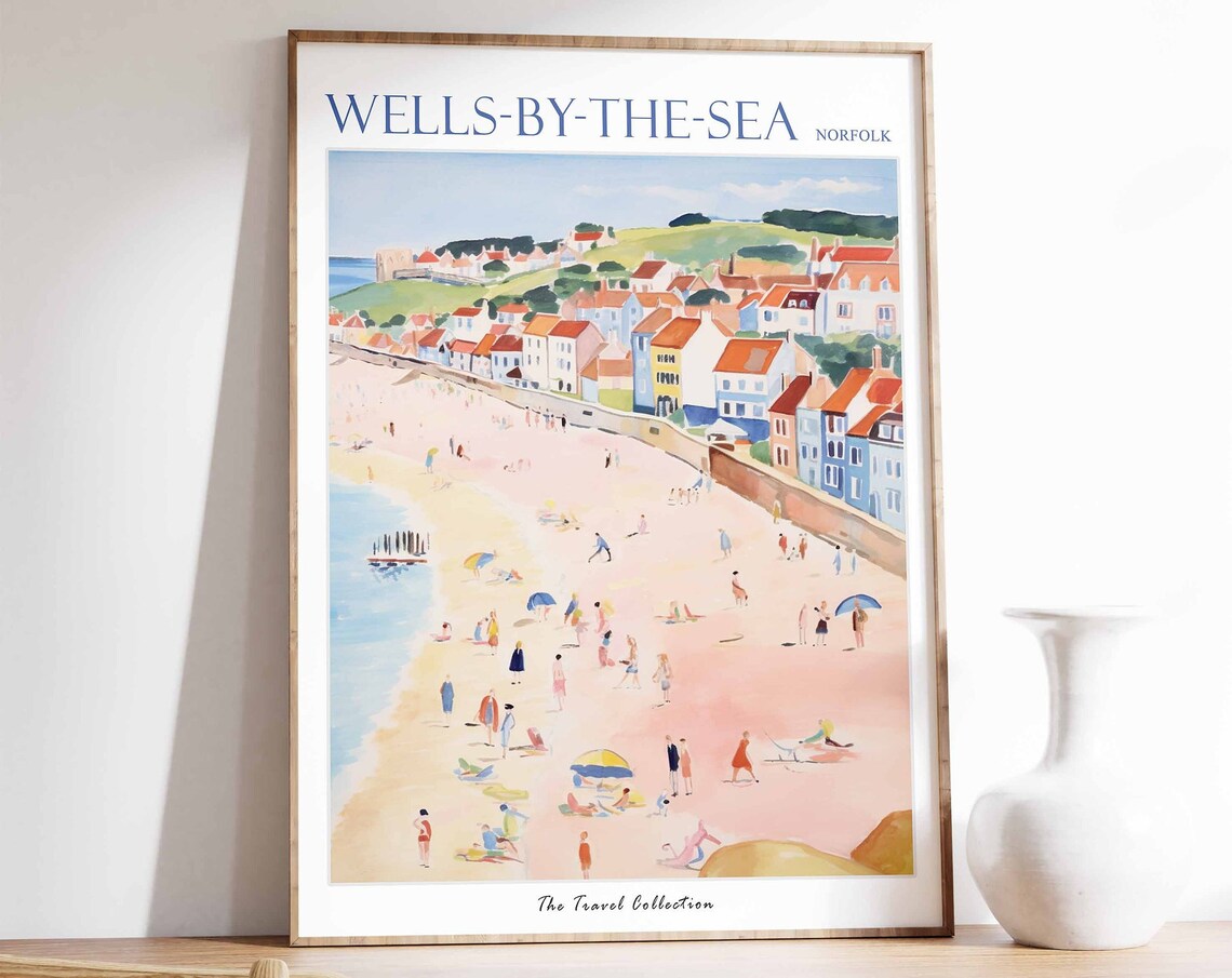 Wells-by-the-Sea Norfolk Beach Umbrellas Pastel Houses Travel Poster