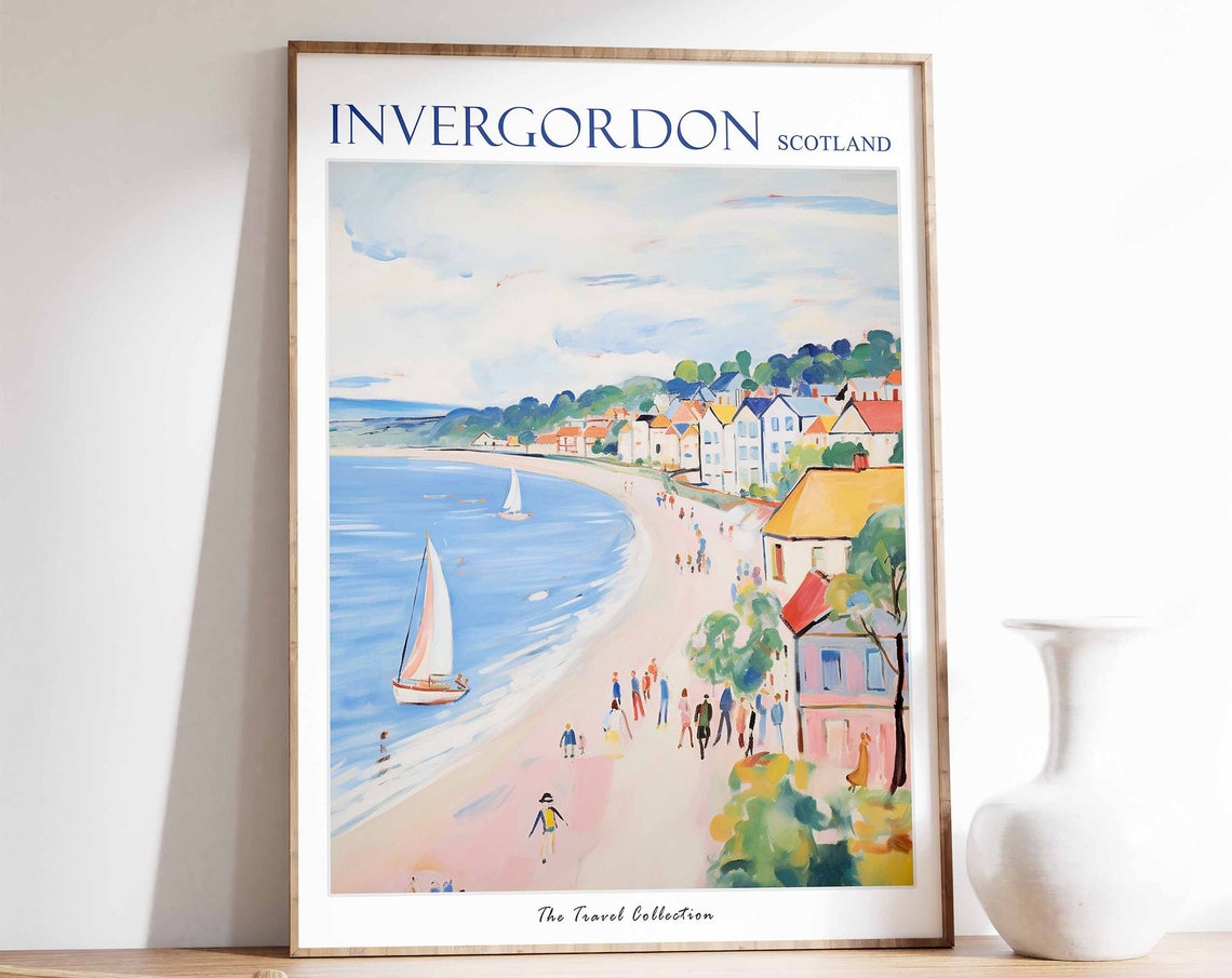 Invergordon Scotland Sailboat Bay and Beach Bathers Scene Poster