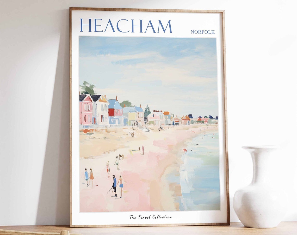 Heacham Norfolk Pastel Beach Huts Calm Shoreline Walkers Poster
