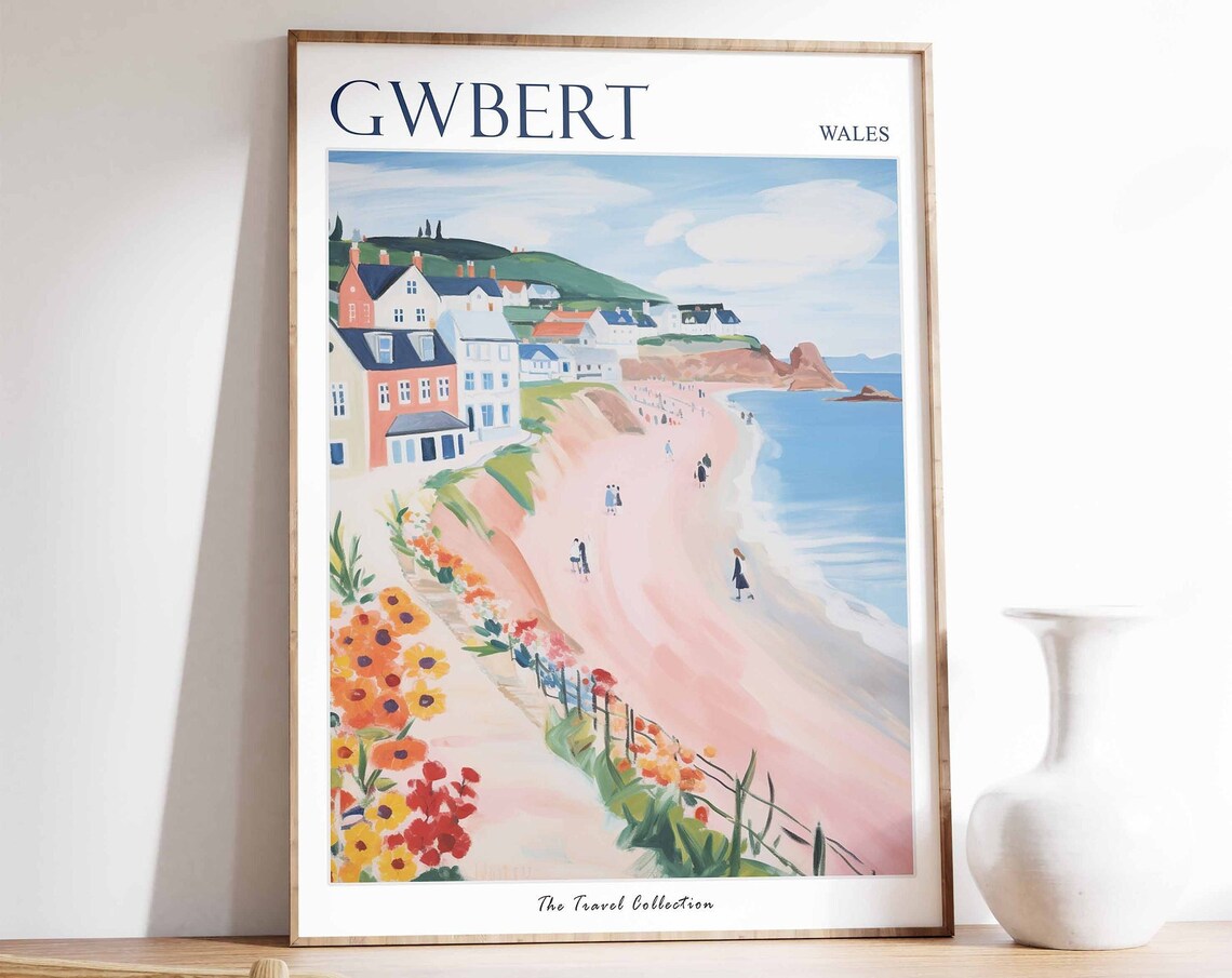 Gwbert Wales Cliff Path Wildflowers Town Vintage Travel Poster