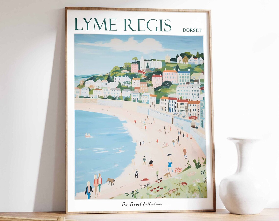 Lyme Regis Dorset Seaside Beach Summer Crowd Watercolor Travel Poster