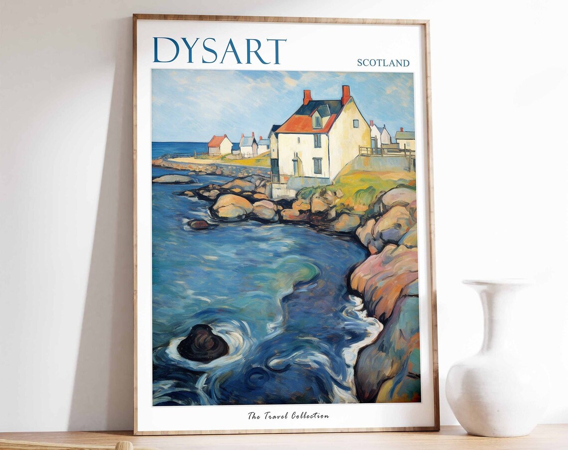 Dysart Scotland Rocky Shore Cottages Blue Sea Coastal Travel Poster