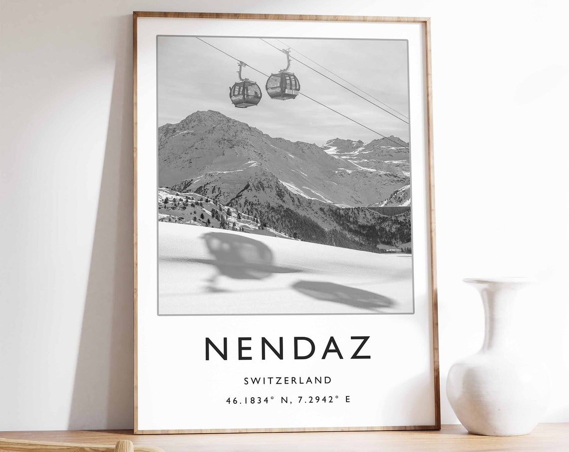 Nendaz Switzerland Black and White Gondola Snow Peaks Poster