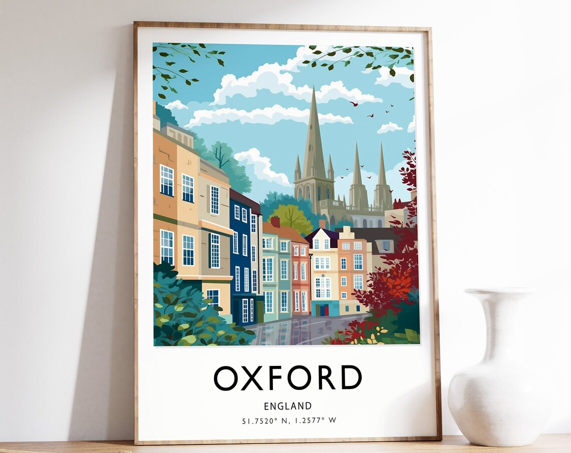 Oxford England Colorful Street and Spires Art Travel Collection Poster