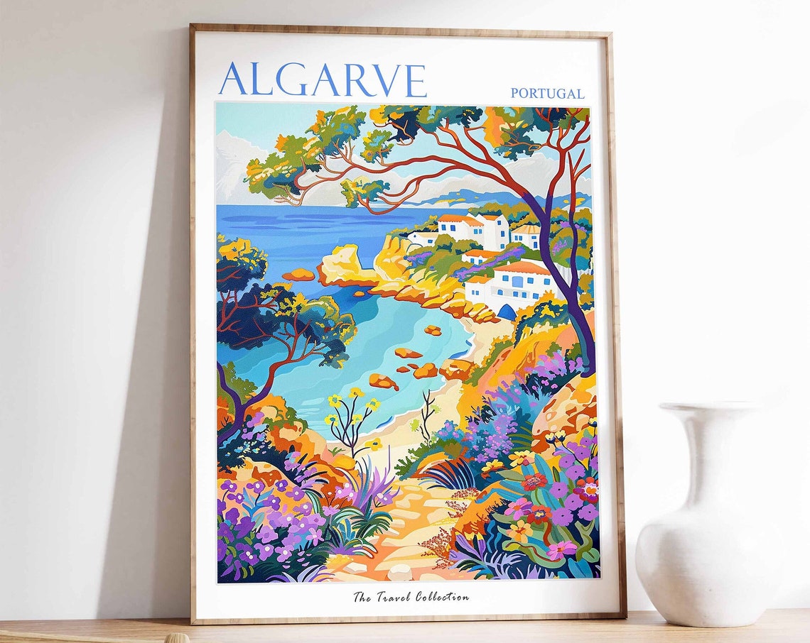 Algarve Portugal Coastal Cliffs Garden Painted Travel Poster