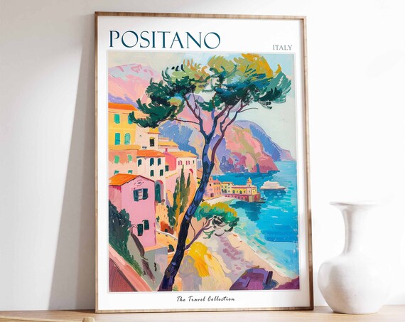 Positano Poster Positano Travel Print Italy Travel Poster Tropical Decor Beach Art Travel Gift Floral Print Coastal Decor