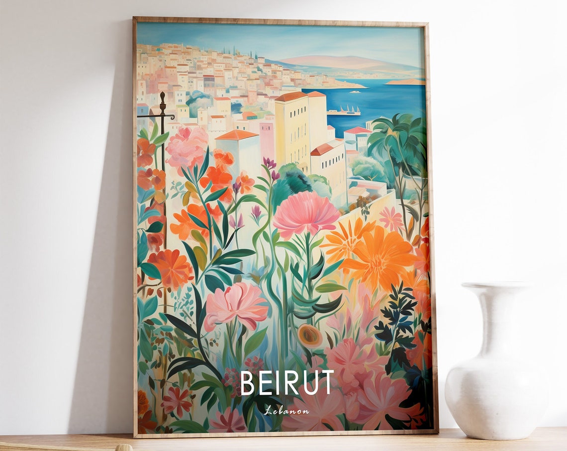 Beirut Lebanon Floral Foreground Hillside City Sea View Poster