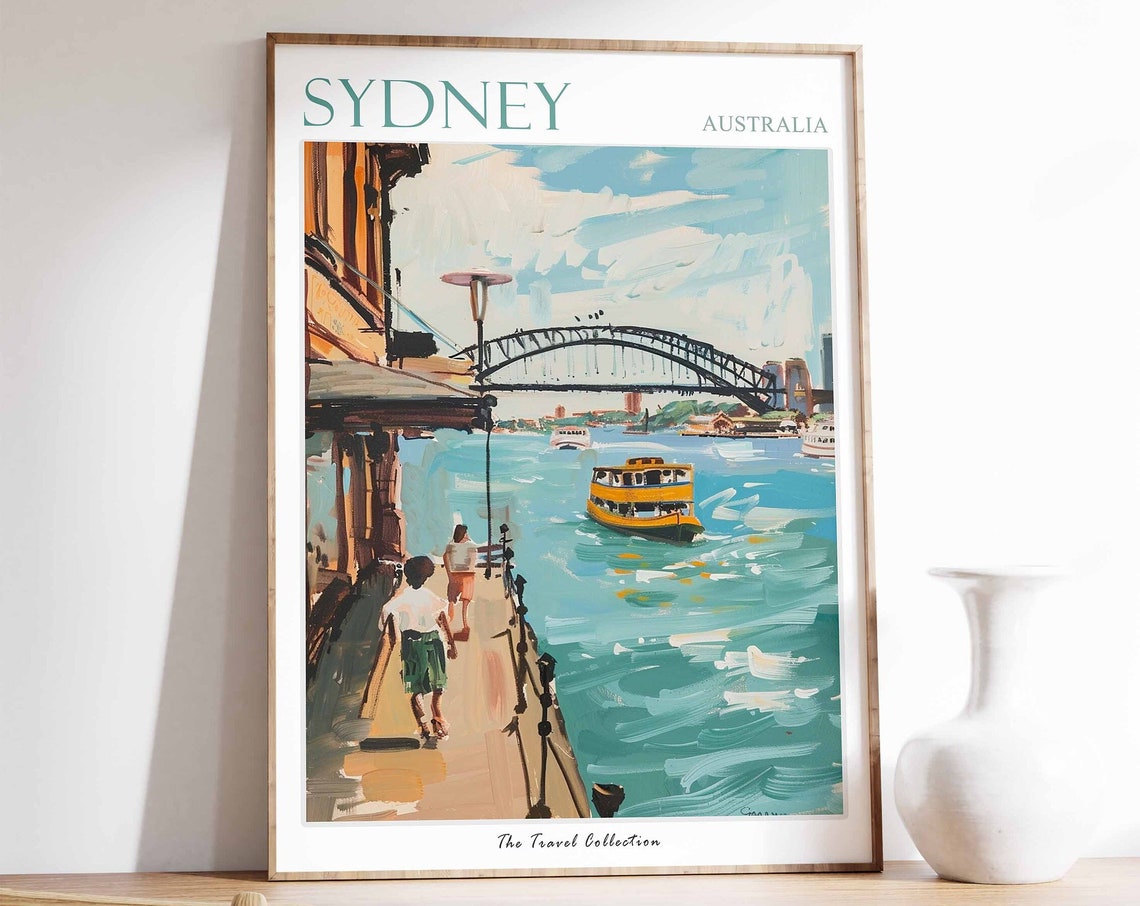 Sydney Australia Colorful Harbor Bridge Ferry Scene Art Travel Poster