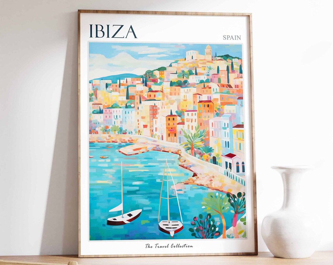 Ibiza Spain Hillside Old Town Harbor Painted Island Travel Poster