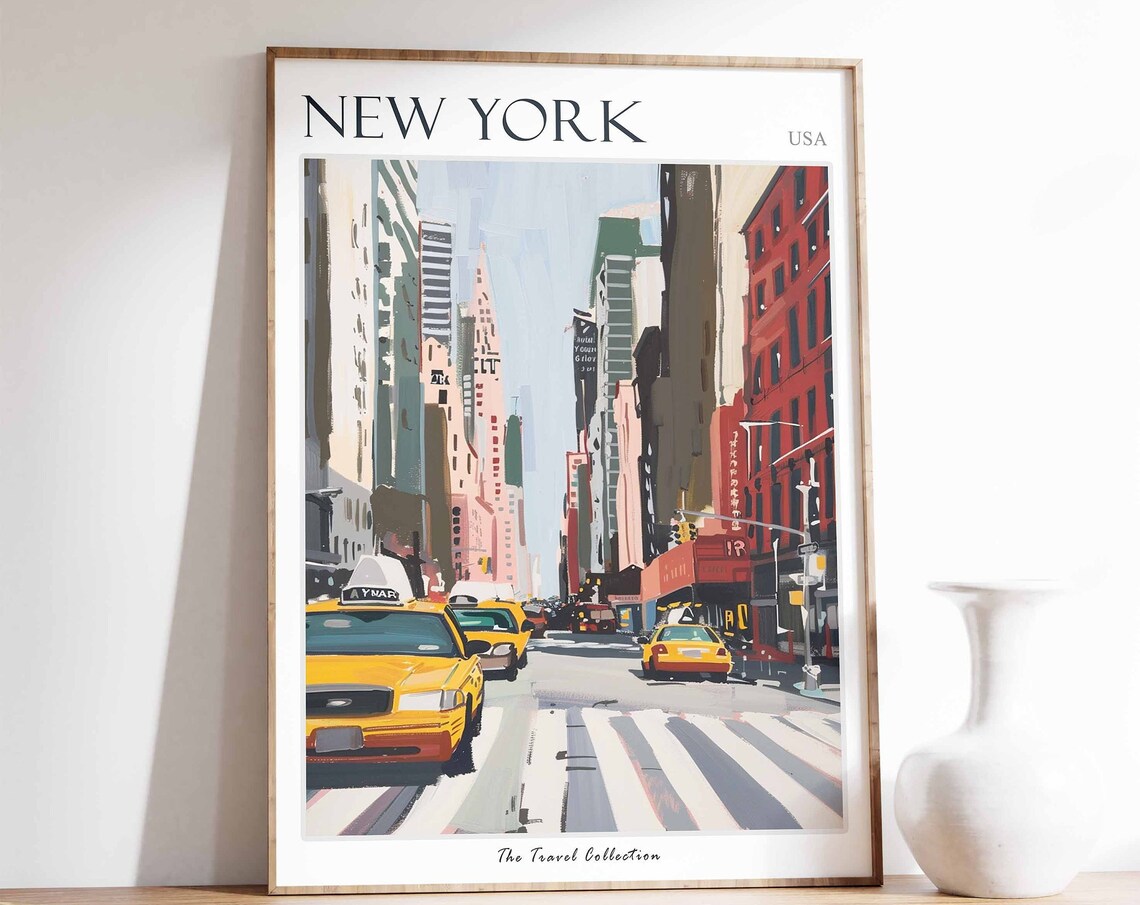 New York City Yellow Taxi Street Scene Colorful Travel Poster