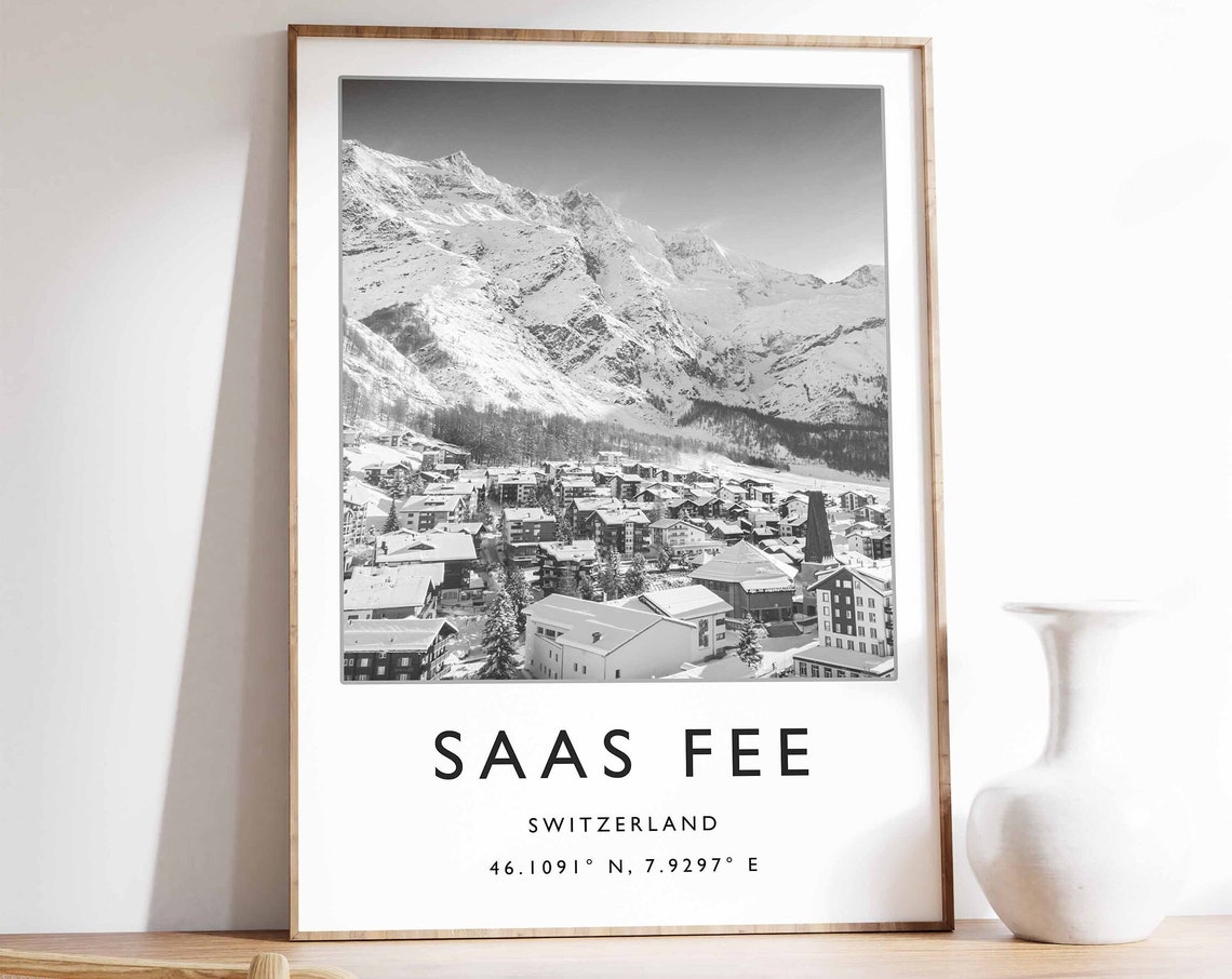 Saas Fee Switzerland Black White Alpine Village Photo Poster
