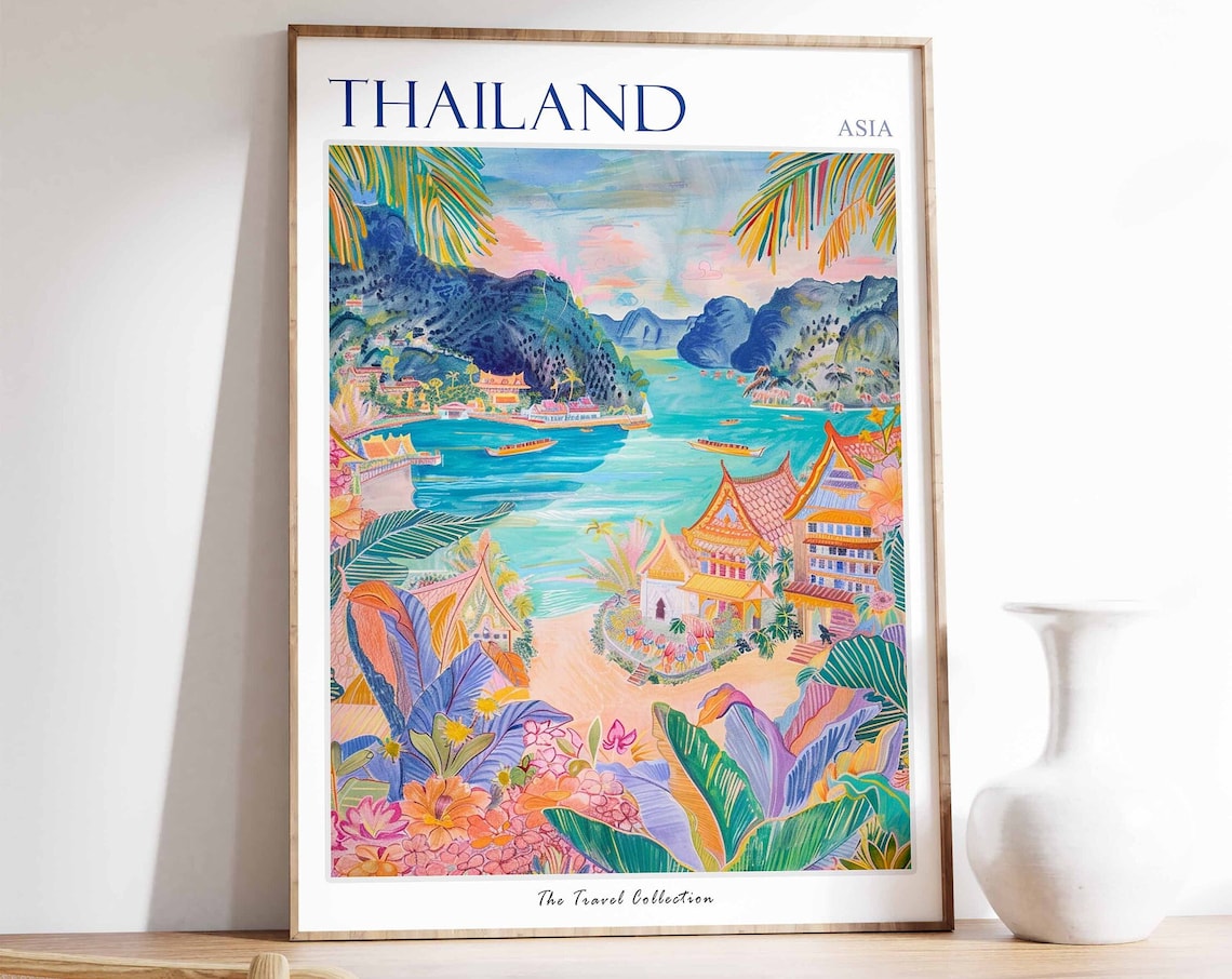 Thailand Travel Poster, Thai Decor Botanical Art