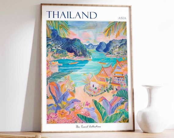 Thailand Travel Poster, Thai Decor Botanical Art