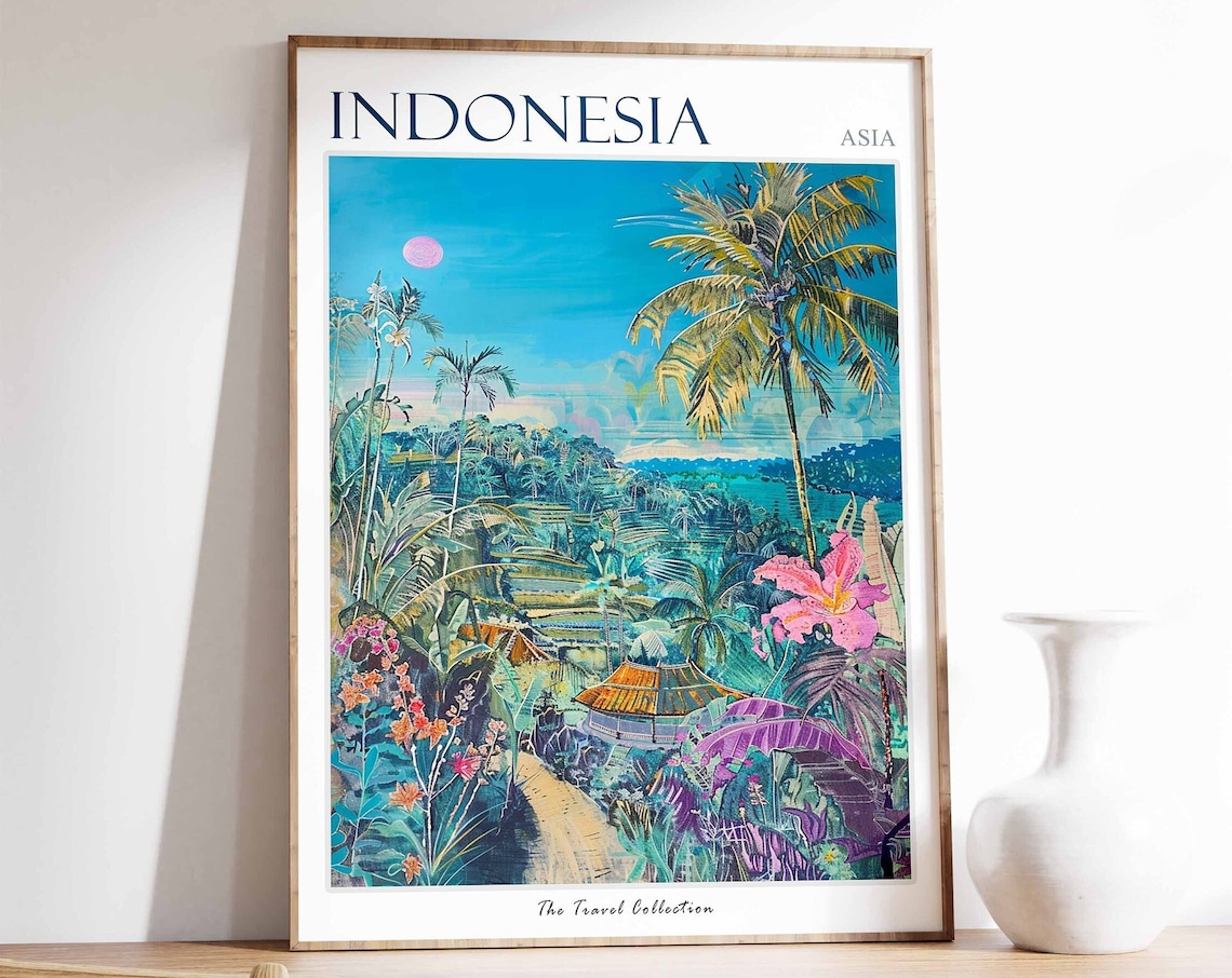 Indonesia Asia Tropical Rice Terraces Palm Trees Colorful Art Poster
