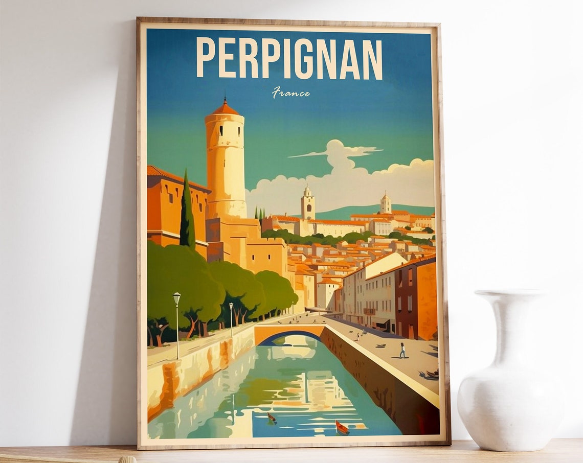 Perpignan France Retro Travel Poster Of The Riverside City View