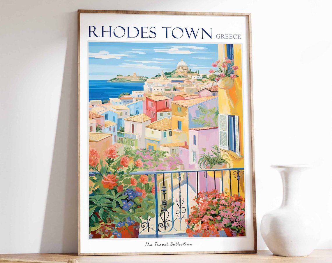 Rhodes Town Greece Colorful Balcony Sea View Scene Travel Poster