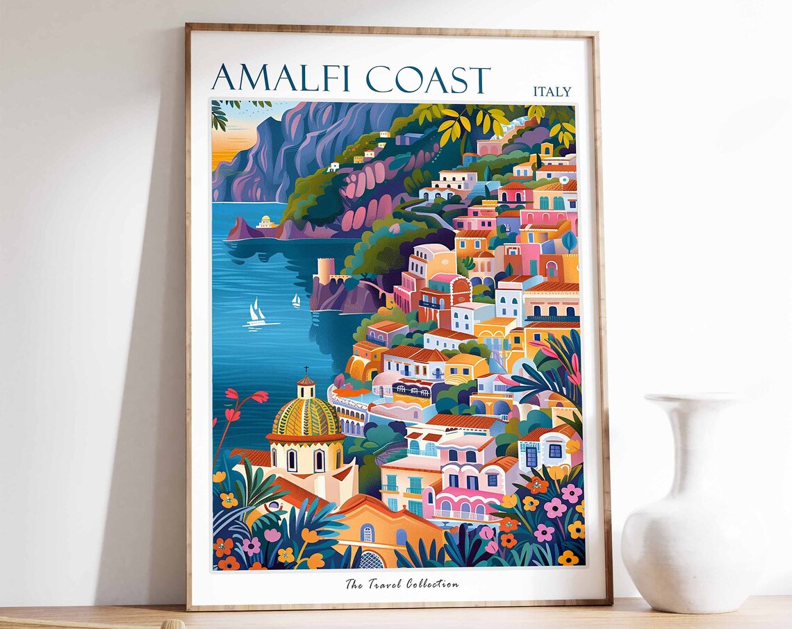 Amalfi Coast Travel Poster, Italy Beach Art Print