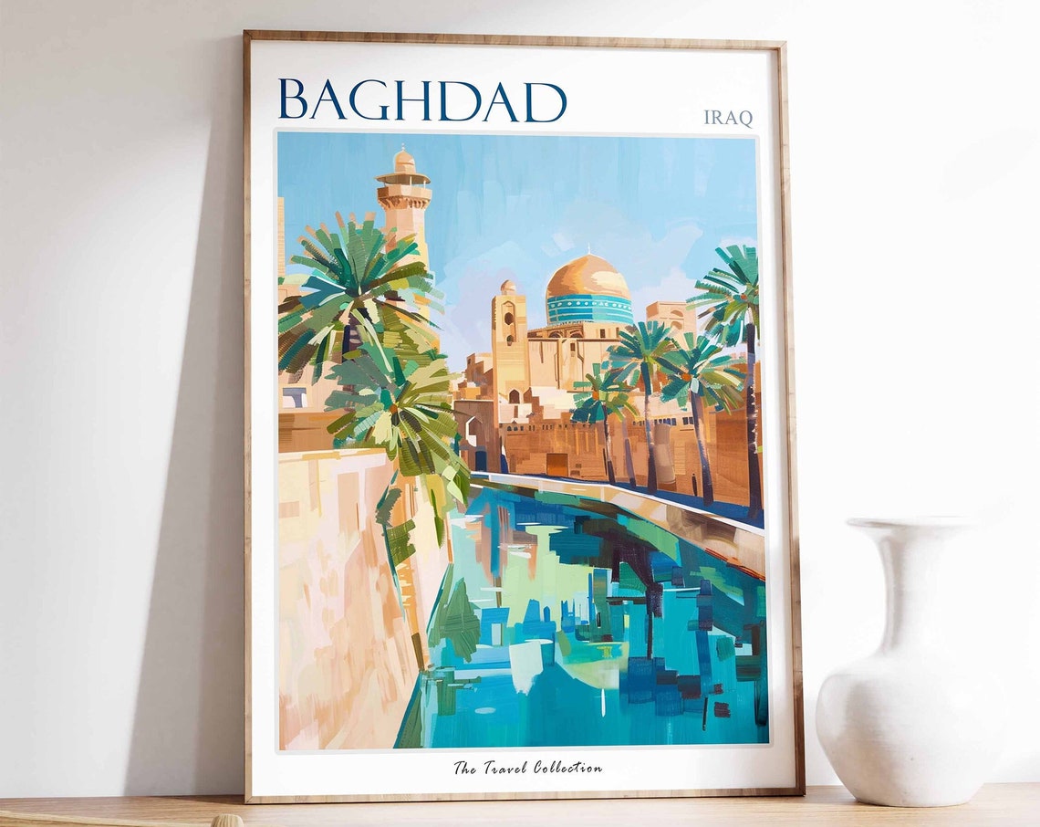 Baghdad Golden Dome Mosque Palm Reflection Iraq Travel Poster
