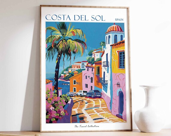 Costa Del Sol Spain Colorful Coastal Village Street Palm Travel Poster