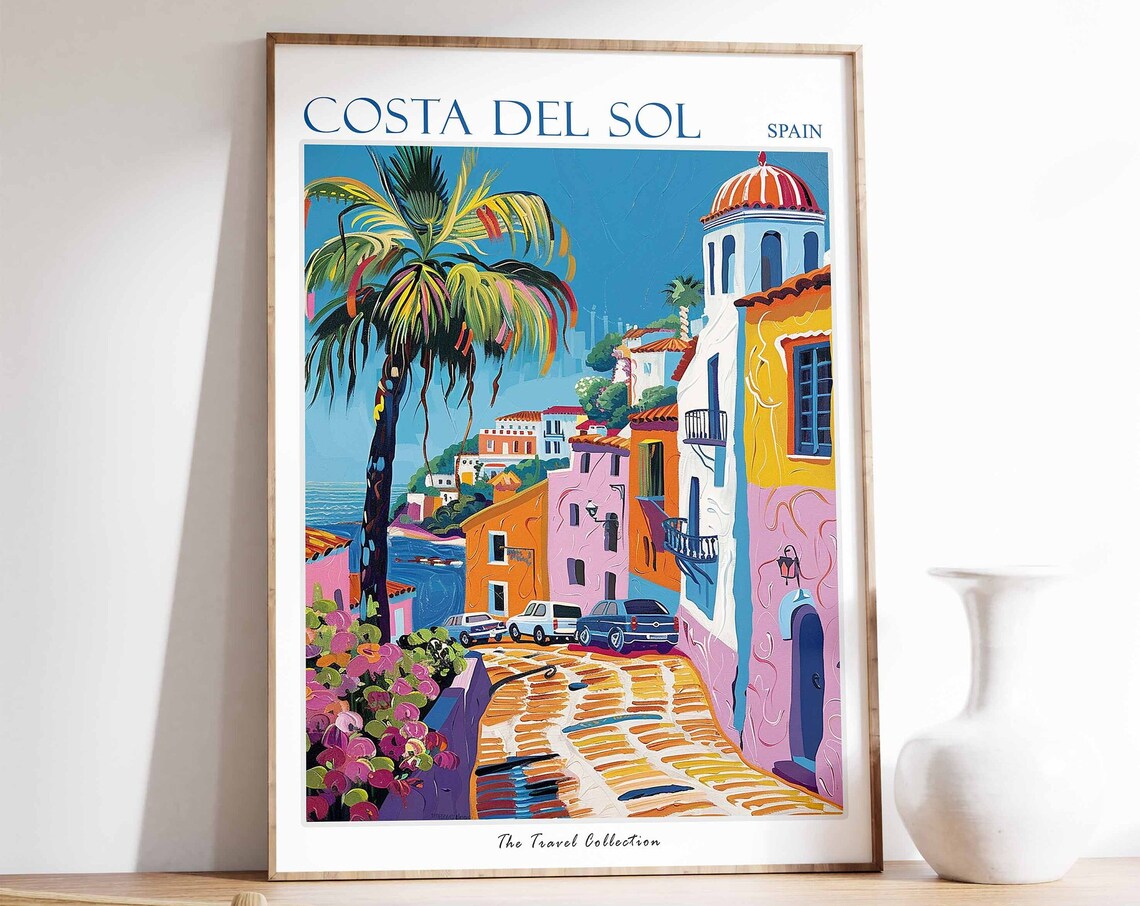 Costa Del Sol Spain Colorful Coastal Village Street Palm Travel Poster