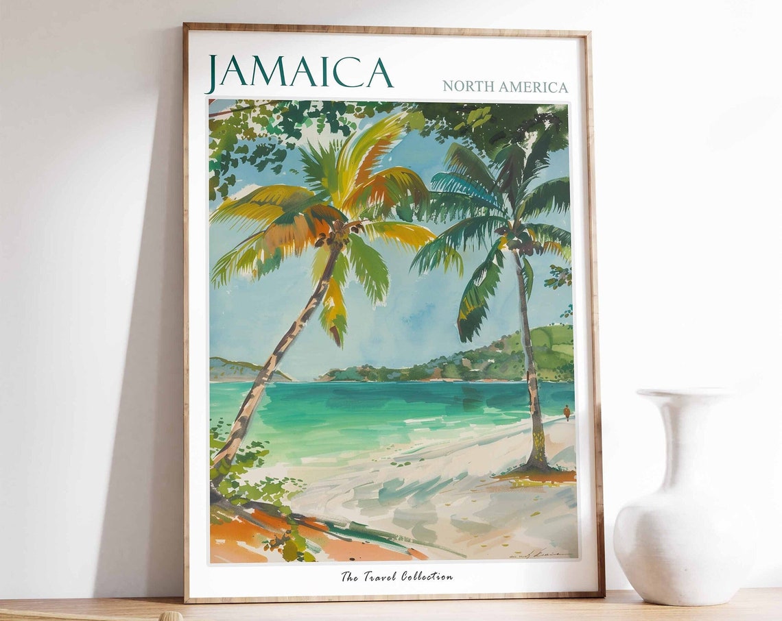Jamaica Leaning Palms Beach Turquoise Water Art Travel Poster
