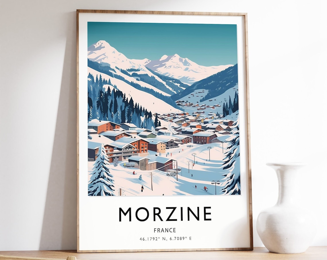 Morzine France Skiing Travel Poster, Winter Sport Art