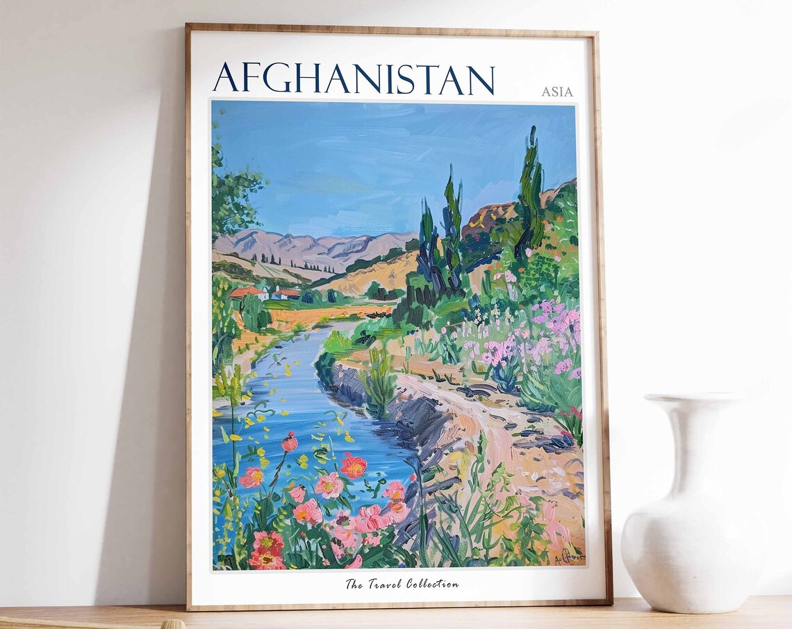 Afghanistan Asia River Valley Mountains Flowers Travel Poster