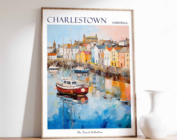Charlestown Fishing Boats Calm Harbor Cornwall Travel Poster