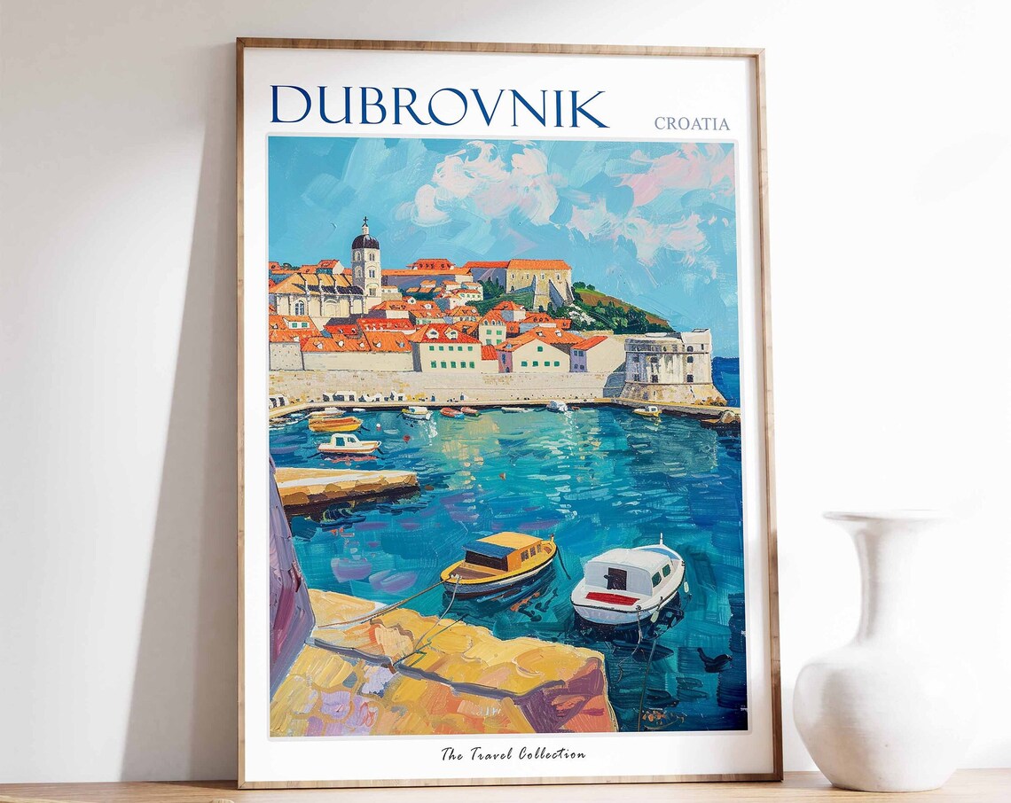 Dubrovnik Croatia Old Town Harbor Boats Painting Travel Poster