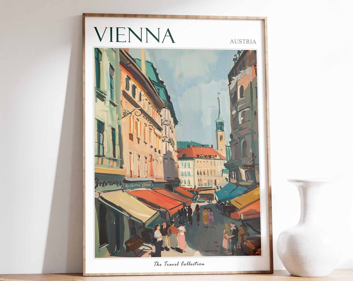 Vienna Austria Travel Poster Old Street Market Colorful Awnings Art