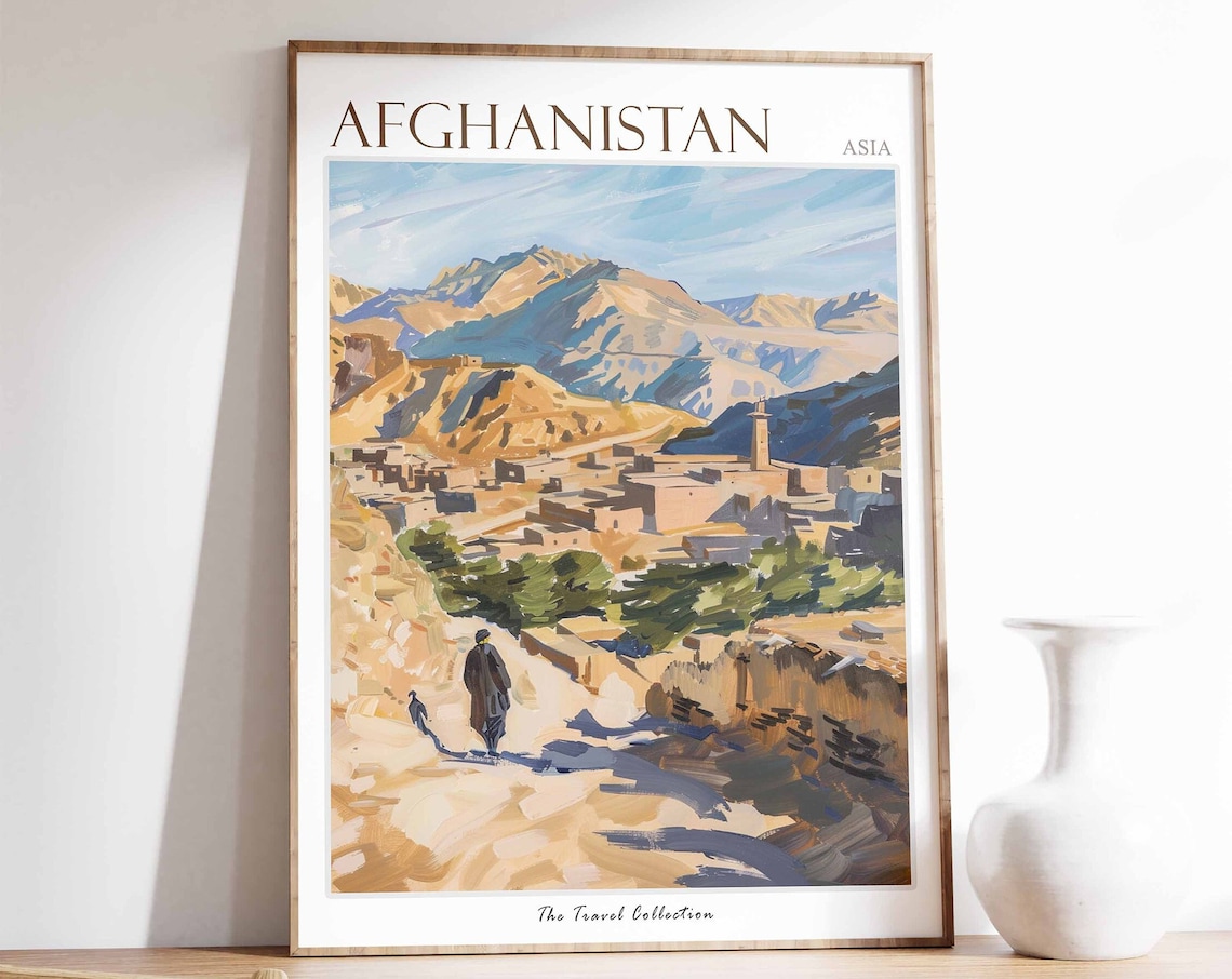 Afghanistan Asia Mountain Village Dirt Path Figure Travel Poster