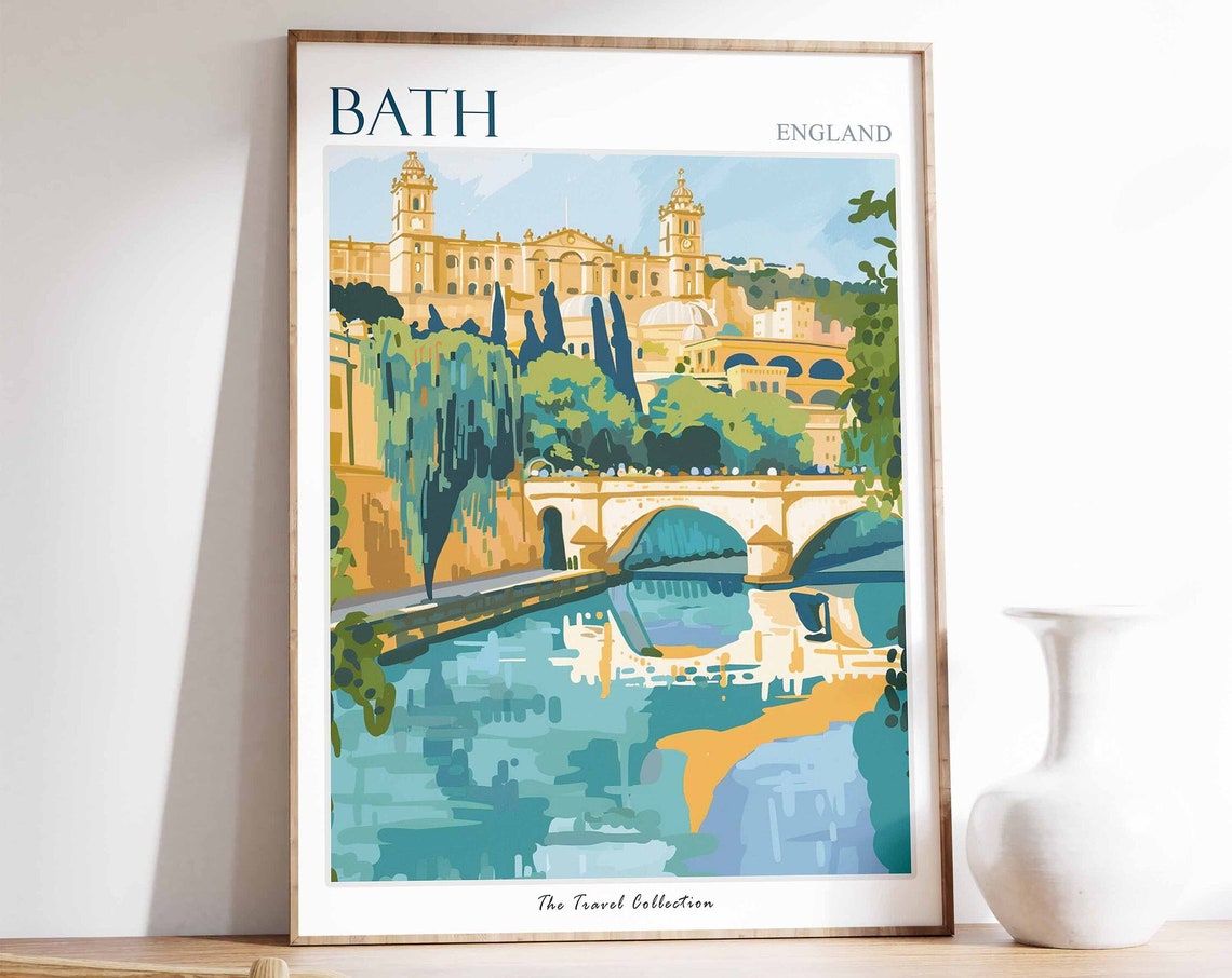 Bath England Georgian Riverside Bridge Illustrated Travel Poster