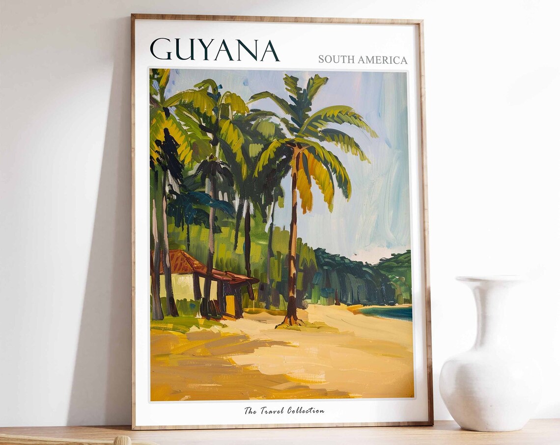Guyana Travel Poster, Tropical Botanical Decor