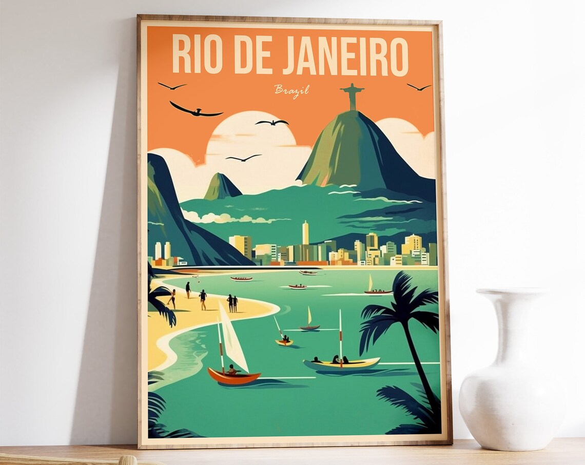 Rio De Janeiro Brazil Travel Poster Christ Statue Beach And Sailboats