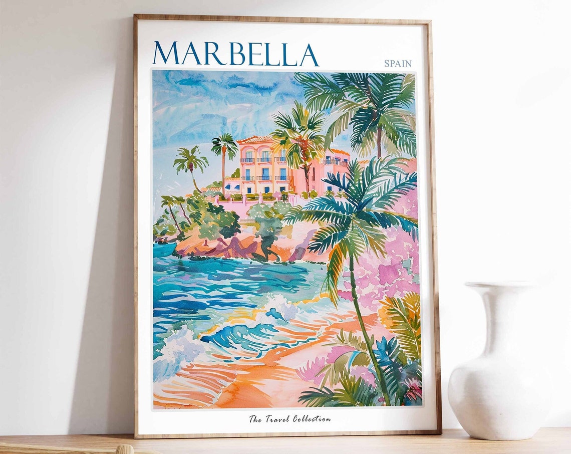 Marbella Spain Watercolor Pink Villa Beach Palm Tree Art Poster