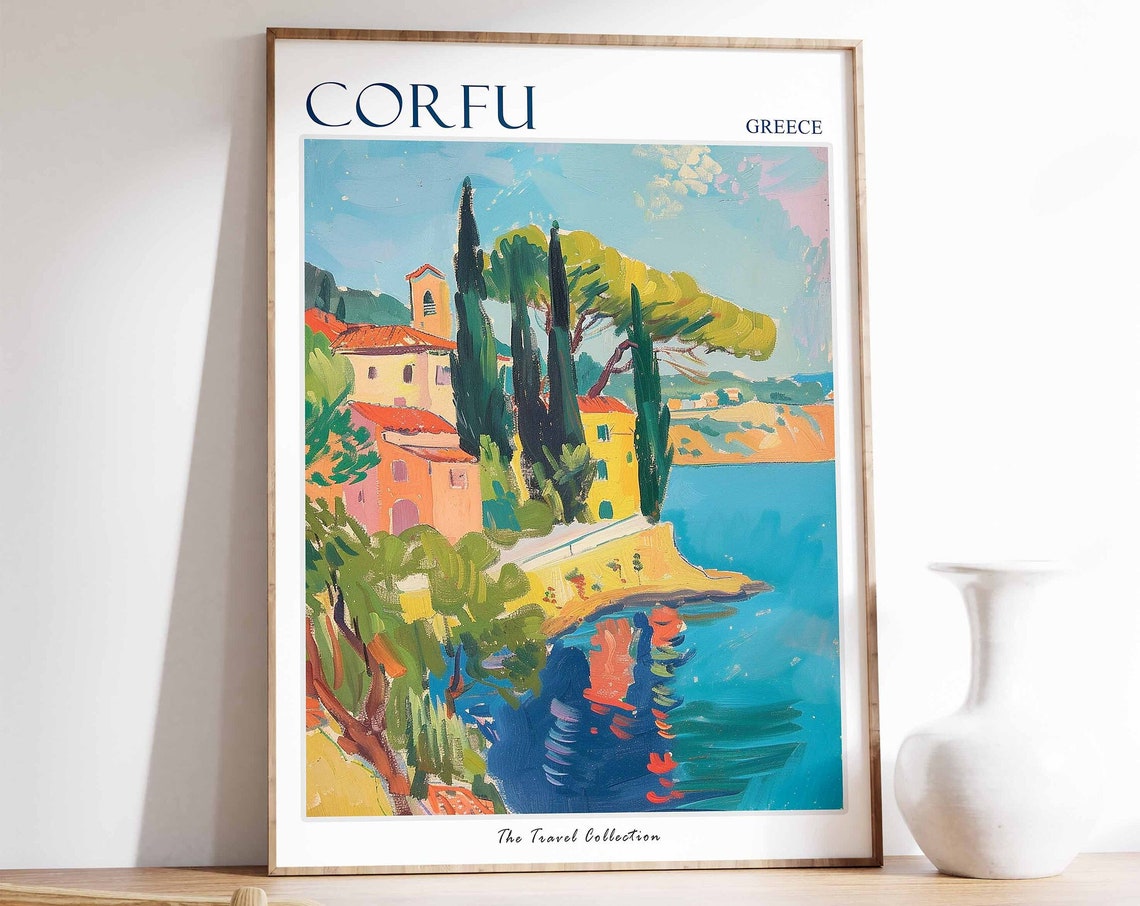 Corfu Greece Seaside Village Cypress Trees Mediterranean Travel Poster