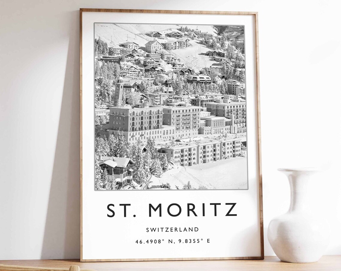 St Moritz Switzerland Black And White Alpine Ski Resort Photo Poster