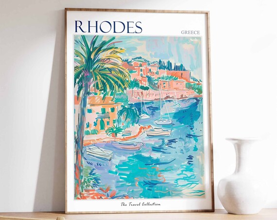 Rhodes Poster Rhodes Travel Print Greece Travel Poster Tropical Decor Beach Art Travel Gift Floral Print Coastal Decor
