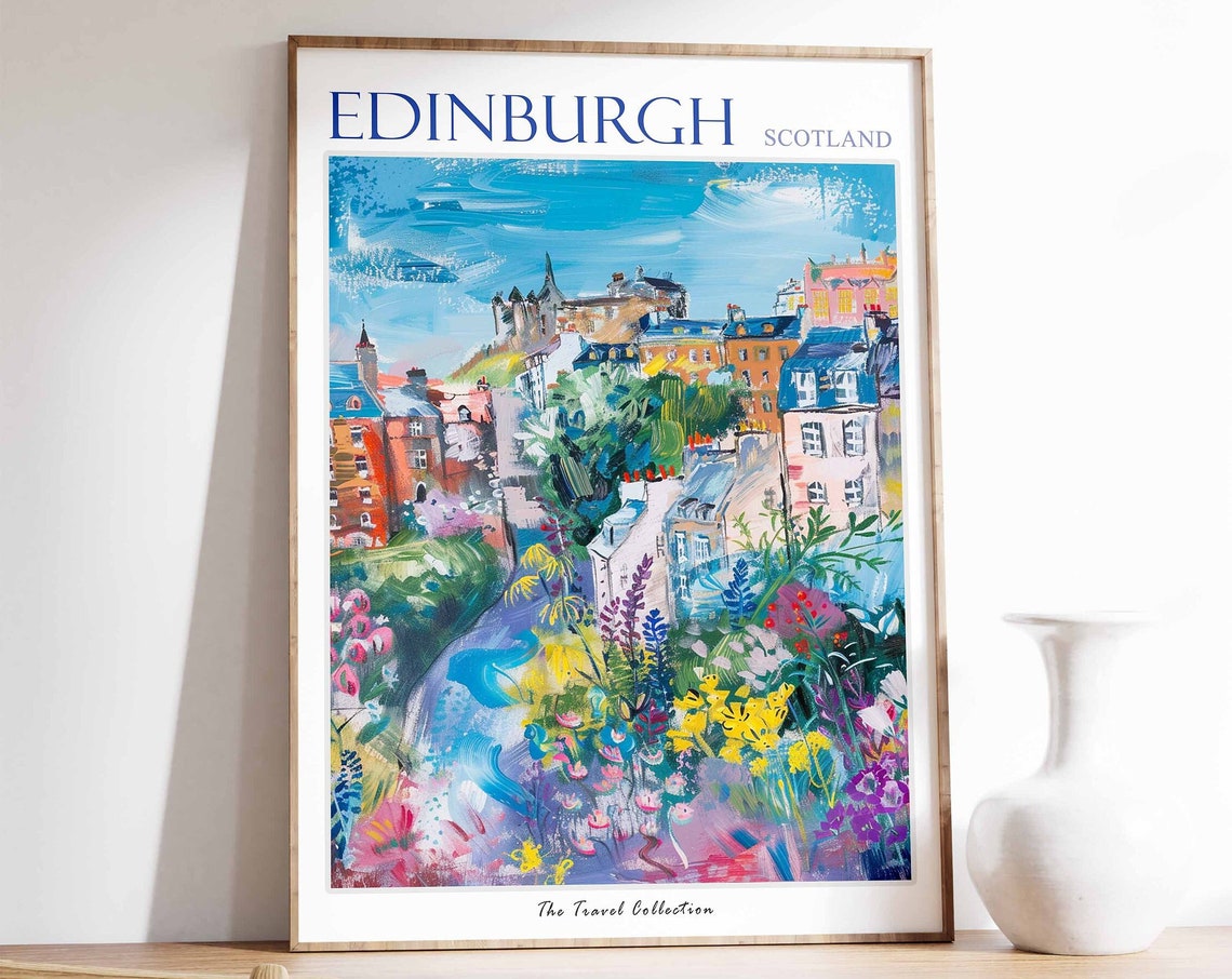 Edinburgh Castle Rock Flower Painterly Scotland Travel Poster
