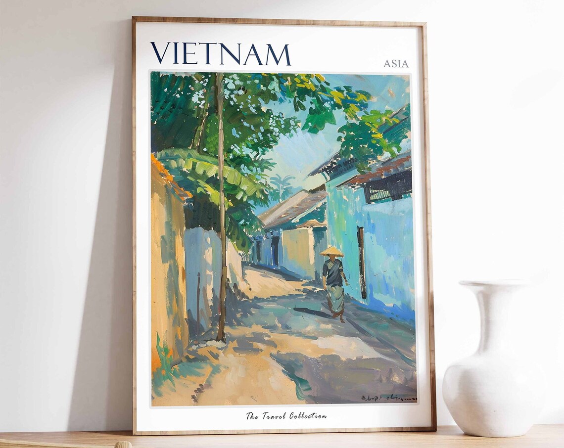 Vietnam Asia Sunlit Village Lane Conical Hat Wanderer Poster