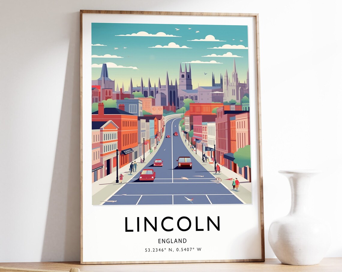 Lincoln England City Street Travel Poster Colorful Skyline Art