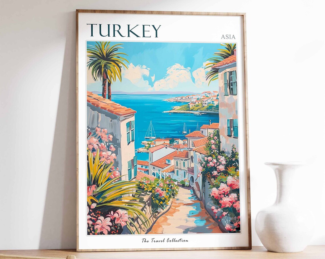 Turkey Coastal Village Flower Filled Street Sea View Art Poster