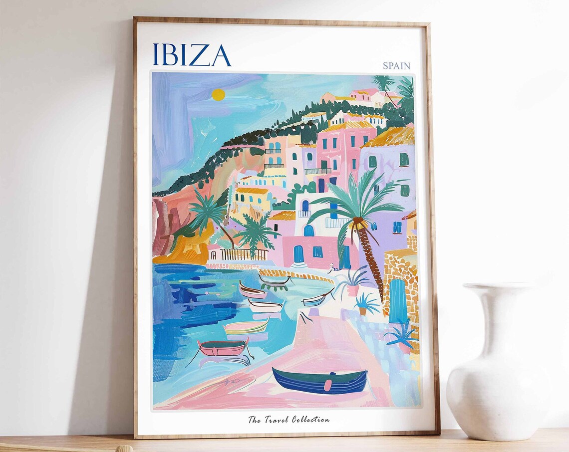 Ibiza Spain Colorful Harbor Palms Boats Artwork Travel Poster