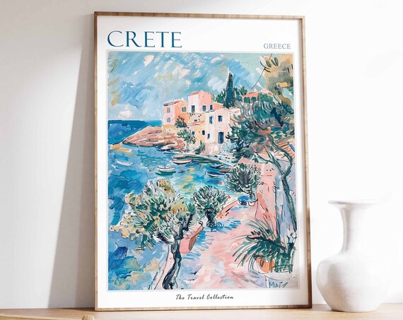 Crete Poster Crete Travel Print Greek Travel Poster Tropical Decor Beach Art Travel Gift Floral Print Coastal Decor Coast Wall Art
