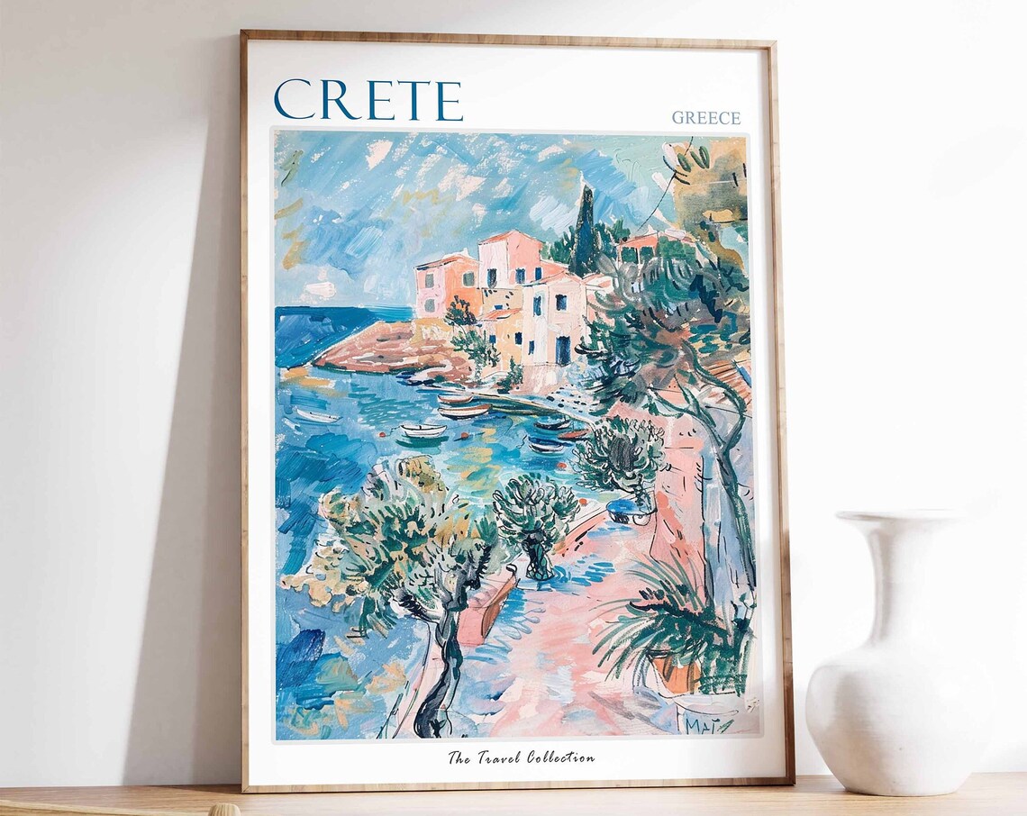 Crete Greece Cove Watercolor Boats Olive Trees Travel Poster