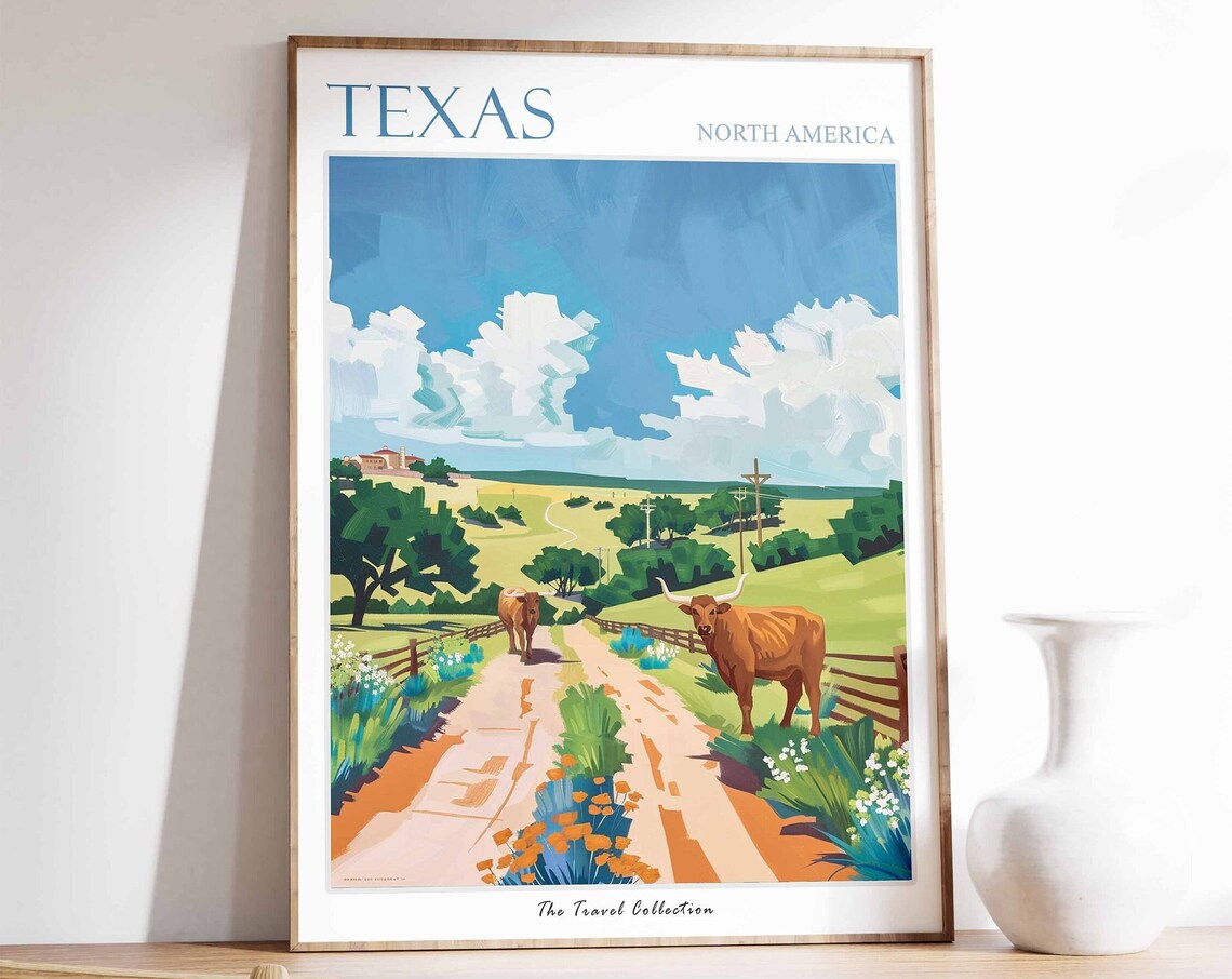 Texas North America Longhorn Cattle Ranch Road Travel Poster