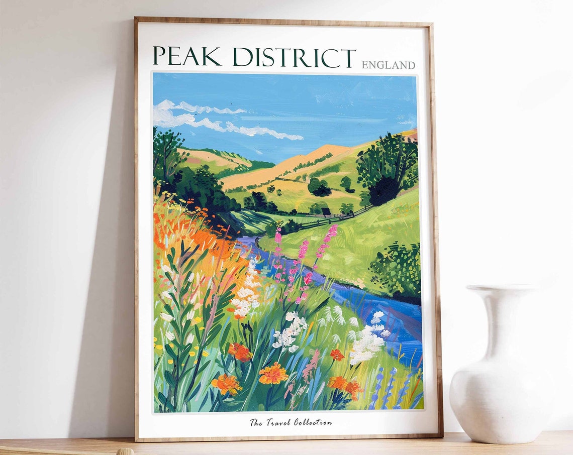 Peak District England Wildflower Meadow Travel Poster River Hills Art
